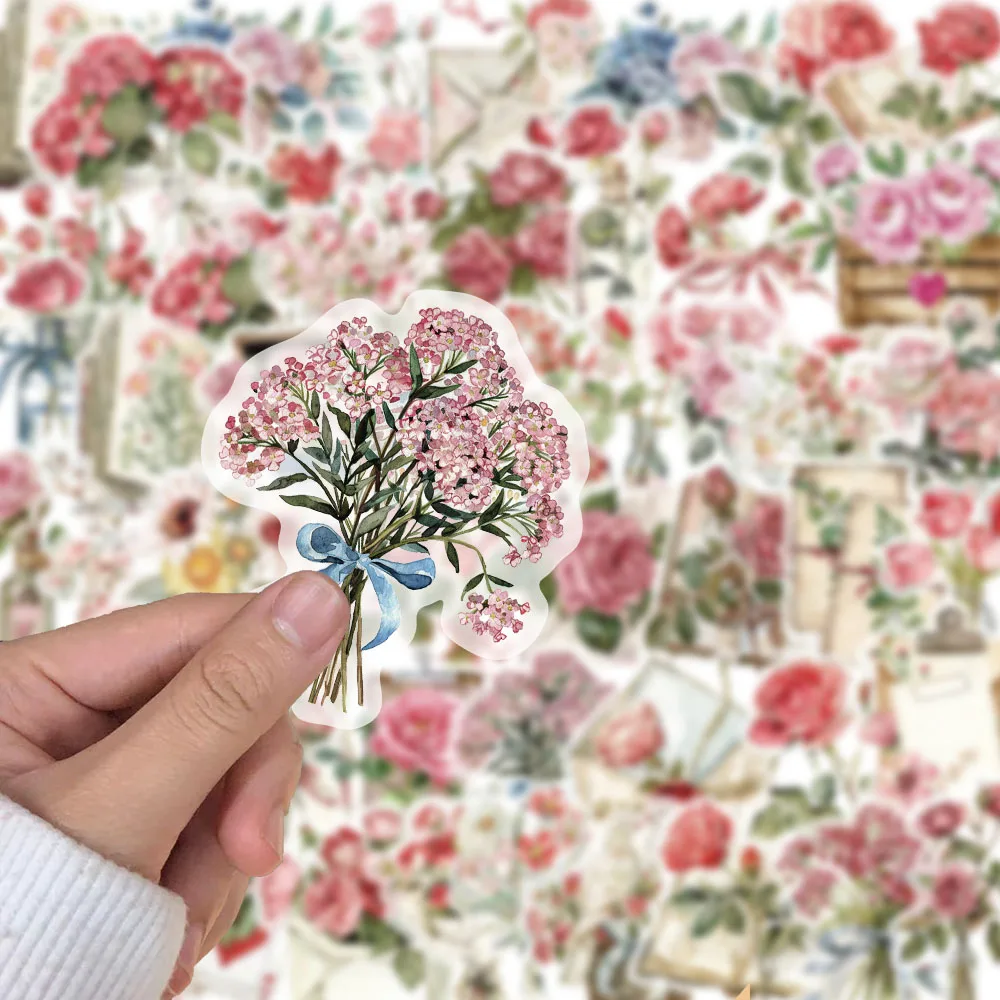 50PCS Small Fresh Flower Room Time Flower and Letter Flower Plant Plastic Stickers Bookkeeping Material Decorative Stickers