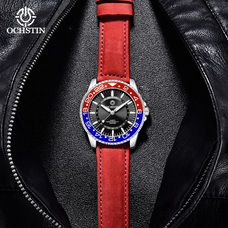 OCHSTIN Man Casual Business Wristwatch Men's Navigator Collection Quartz Movement Alloy Case Genuine Leather Strap Wrist