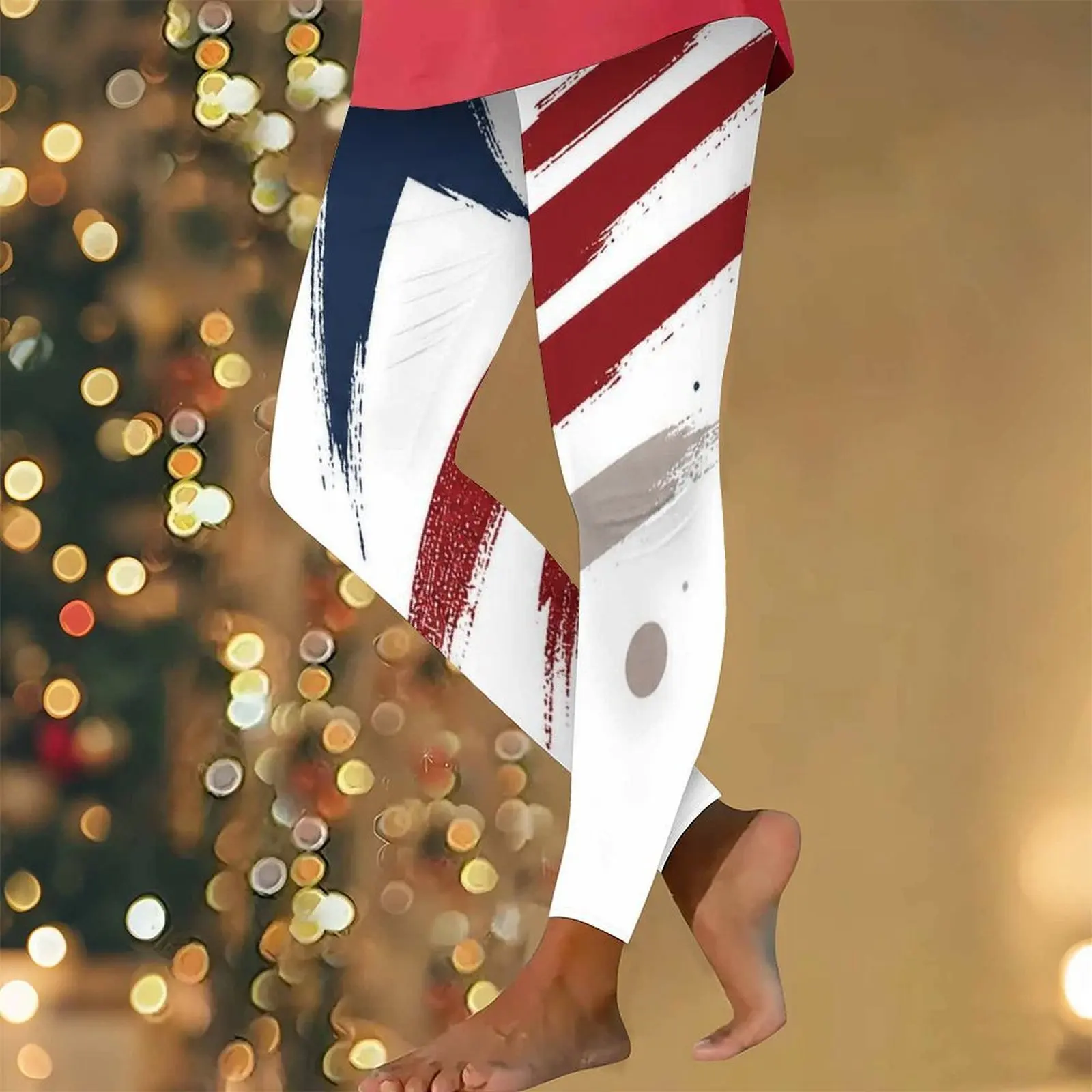 Women High Waist Full Length Fitted Printed Leggings, Navy Base Red Blue Silver Glitter Radiant Starburst Pattern