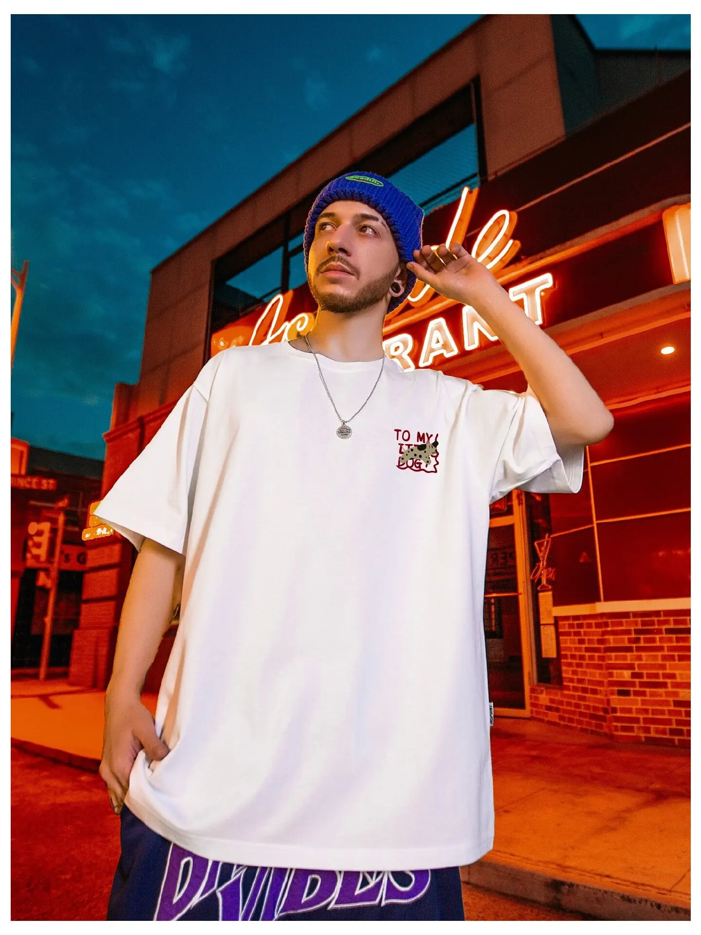 Summer New American Retro Style Men Black White Blue Cute Cartoon Puppy and Letter Print Casual Round Neck Half Sleeve T-Shirt