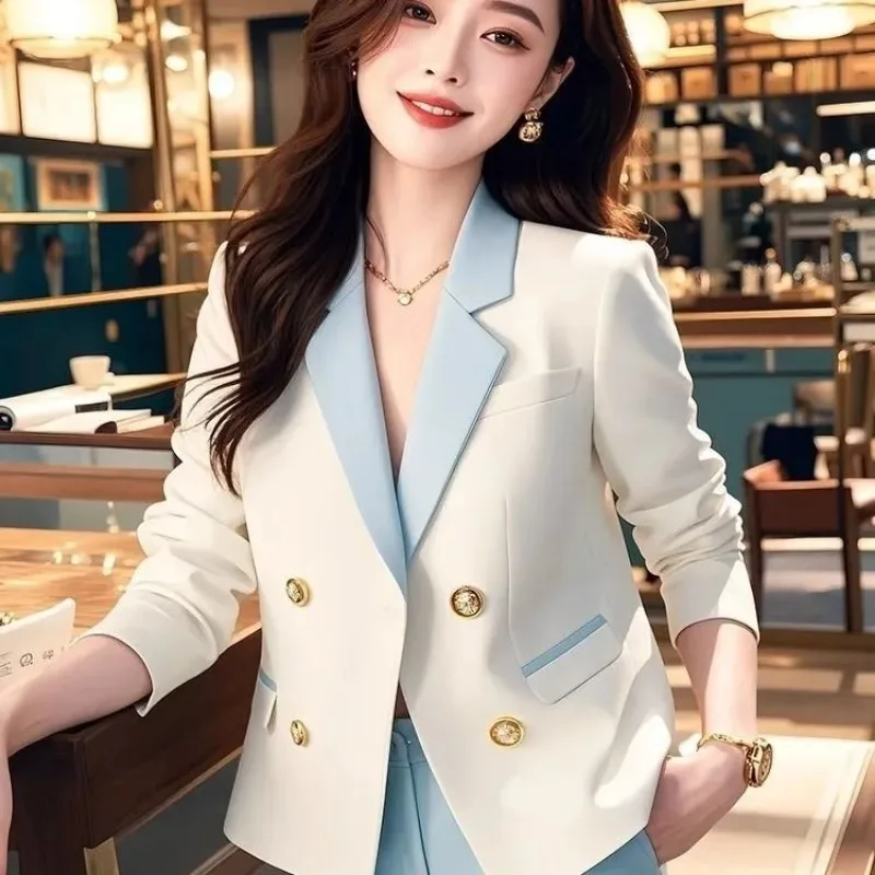 

Women's Contrast Panel Blazer Double Breasted Cropped Suit Jacket Elegant Office Wear Fashion Versatile Casual Coat
