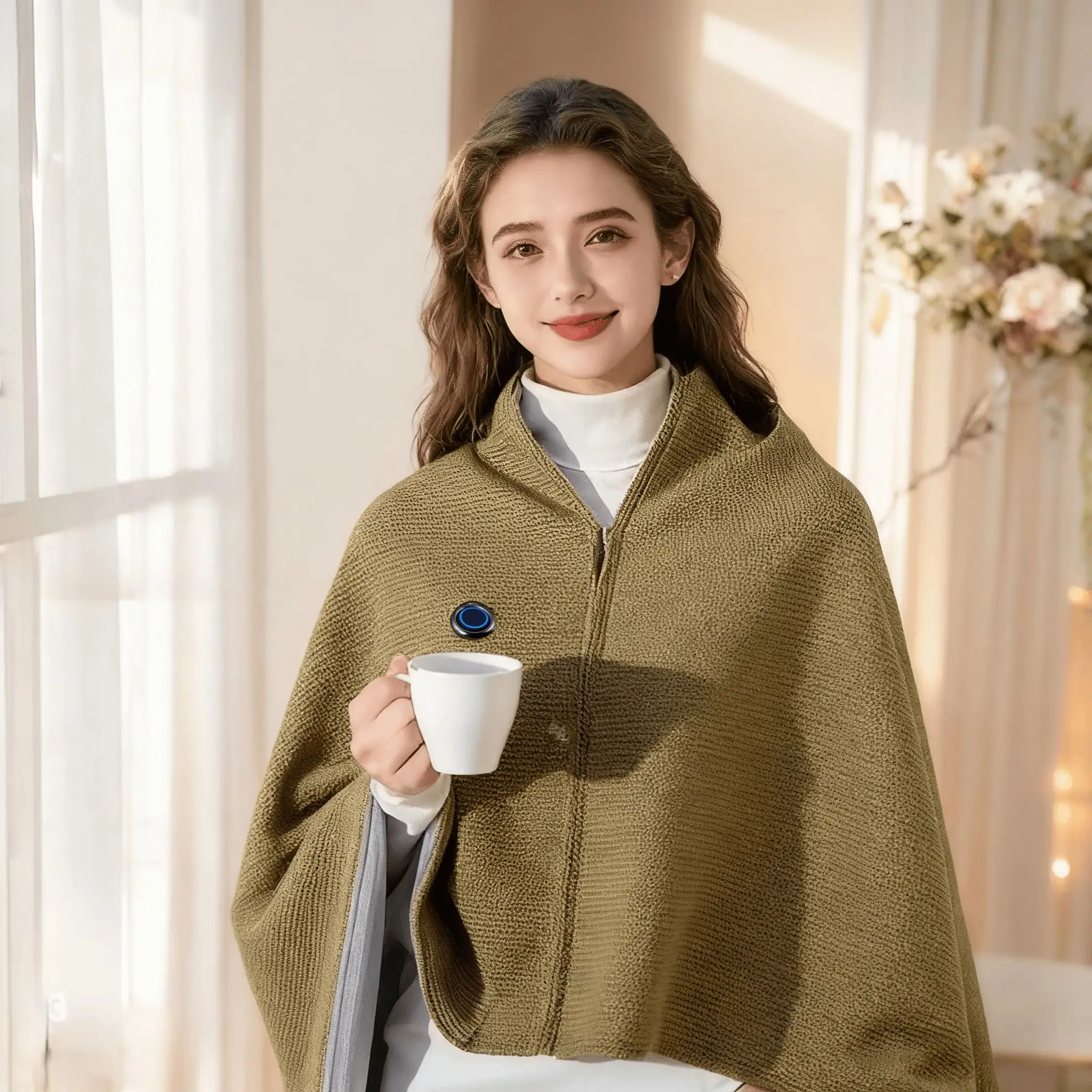 1pc USB Wearable Heated Shawl Throw Blanket, 3 Heat Settings Zipper Electric Heating Cape, Warm Winter Gift For Home Office Travel Christmas Holiday