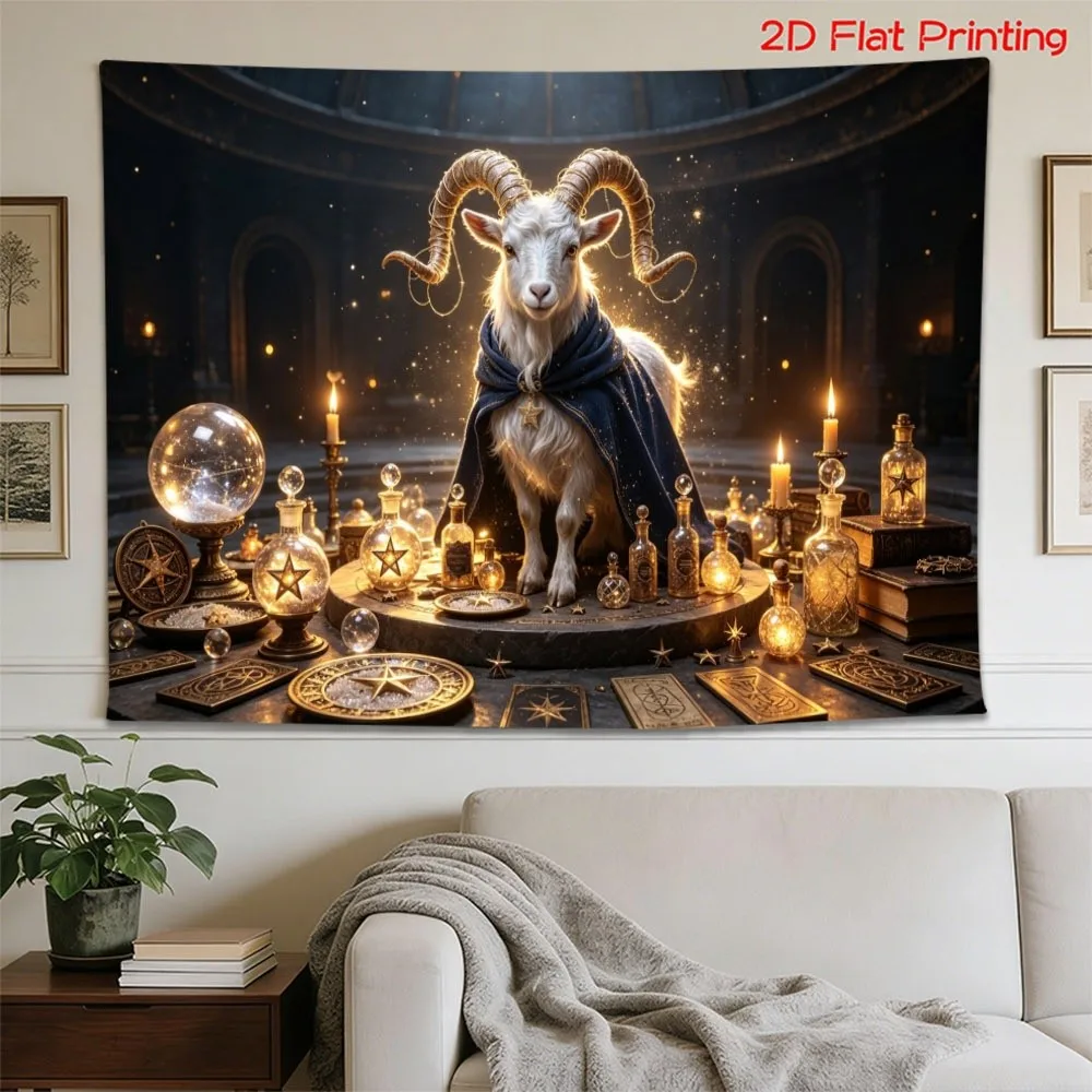Mystical Ram Goat Tapestry, Fantasy Magic Room Decor, Golden Candlelight Wall Hanging, Witchy Aesthetic Bedroom Cloth