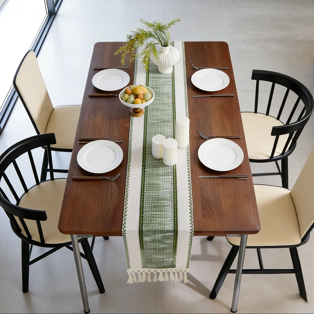 Grüner Boho Gestreifter Tischläufer - Handgewebte Quasten, Ideal für Frühlingstische, Runde Couchtische & Rustikale Heimdekoration – Detail 3