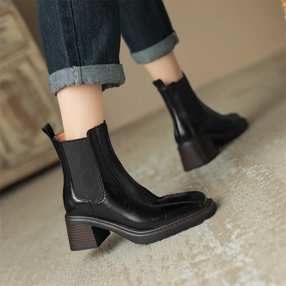 Taoffen Gradient Color Chelsea Boots Cow Leather Square Toe Fashion Slip On Thick Sole Block Heel Ladies Square Toe Ankle Boots