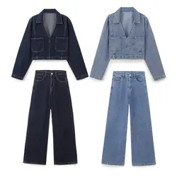 ZBZA Retro Denim Shirt Jean Wide-Leg Pant Suit Long Sleeves lapel Pullover Top Button Zip Pocket Jeans Fall Winter Lady Chic Set