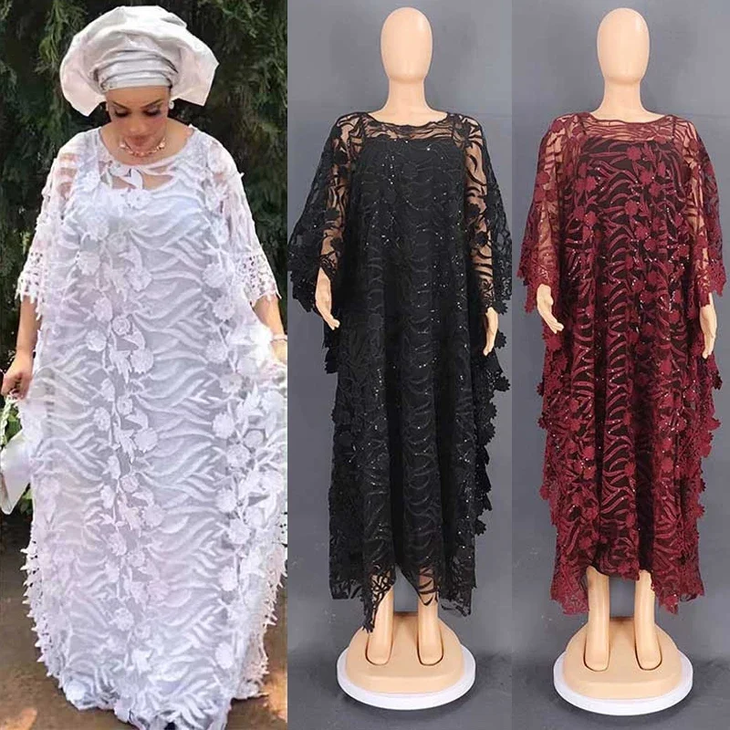 

White Lace Hollow Africa Dresses for 2023 Muslim Women Dress African Clothes Dashiki Taditional Boubou Arabic Robe Femme Ramadan