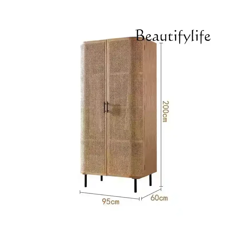 

Q Nordic solid wood rattan wardrobe swing door home bedroom B & B wabi sandy wind large capacity double door storage locker