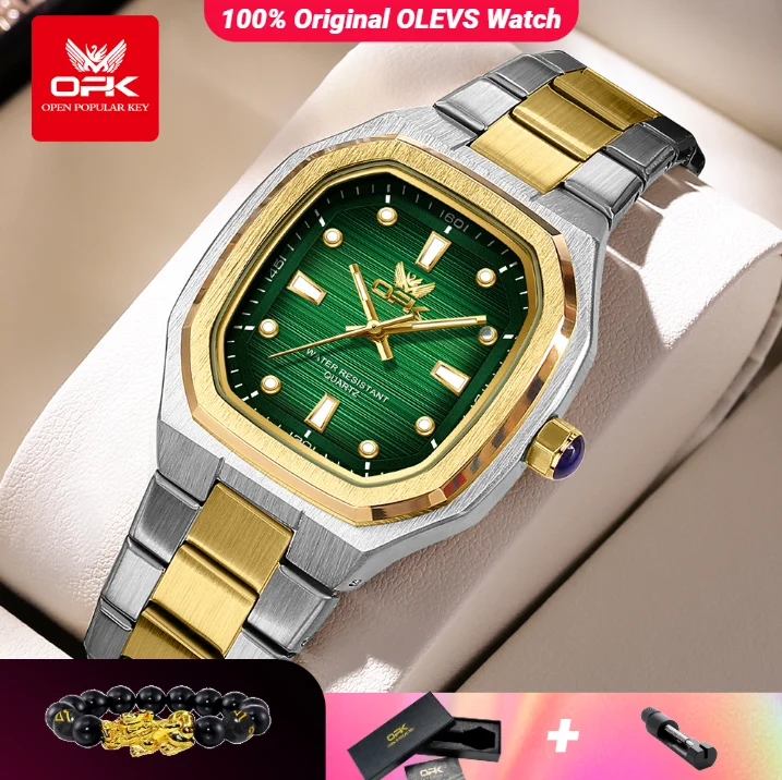 OPK 6044 ساعات رجالية أصلية من الفولاذ المقاوم للصدأ مقاومة للماء ساعة رجالية جديدة بمينا مربع ساعة كوارتز مضيئة للرجال
