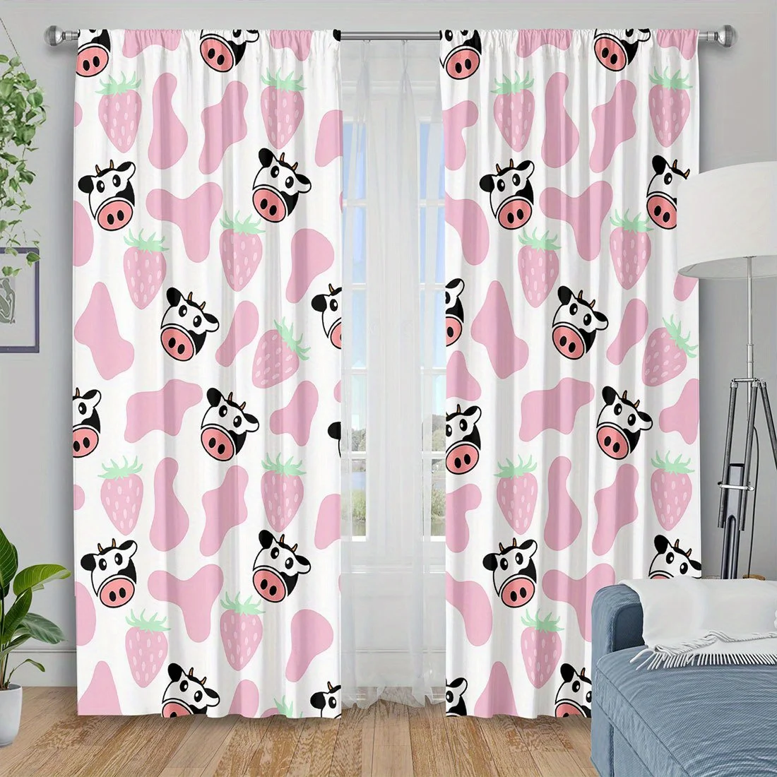 Cute Pink Strawberry Pig Cartoon Nursery Curtains Pair Window Drapes for Kids Room Bedroom Home Decor Privacy Treatment