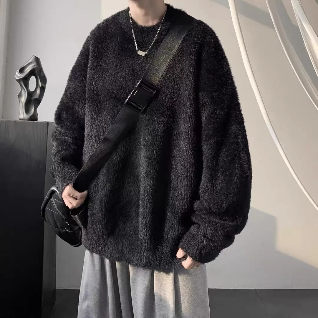 

Мужской вязаный свитер Thiened на зиму, свободный крой, круглый вырез, повседневный, теплый, однотонный