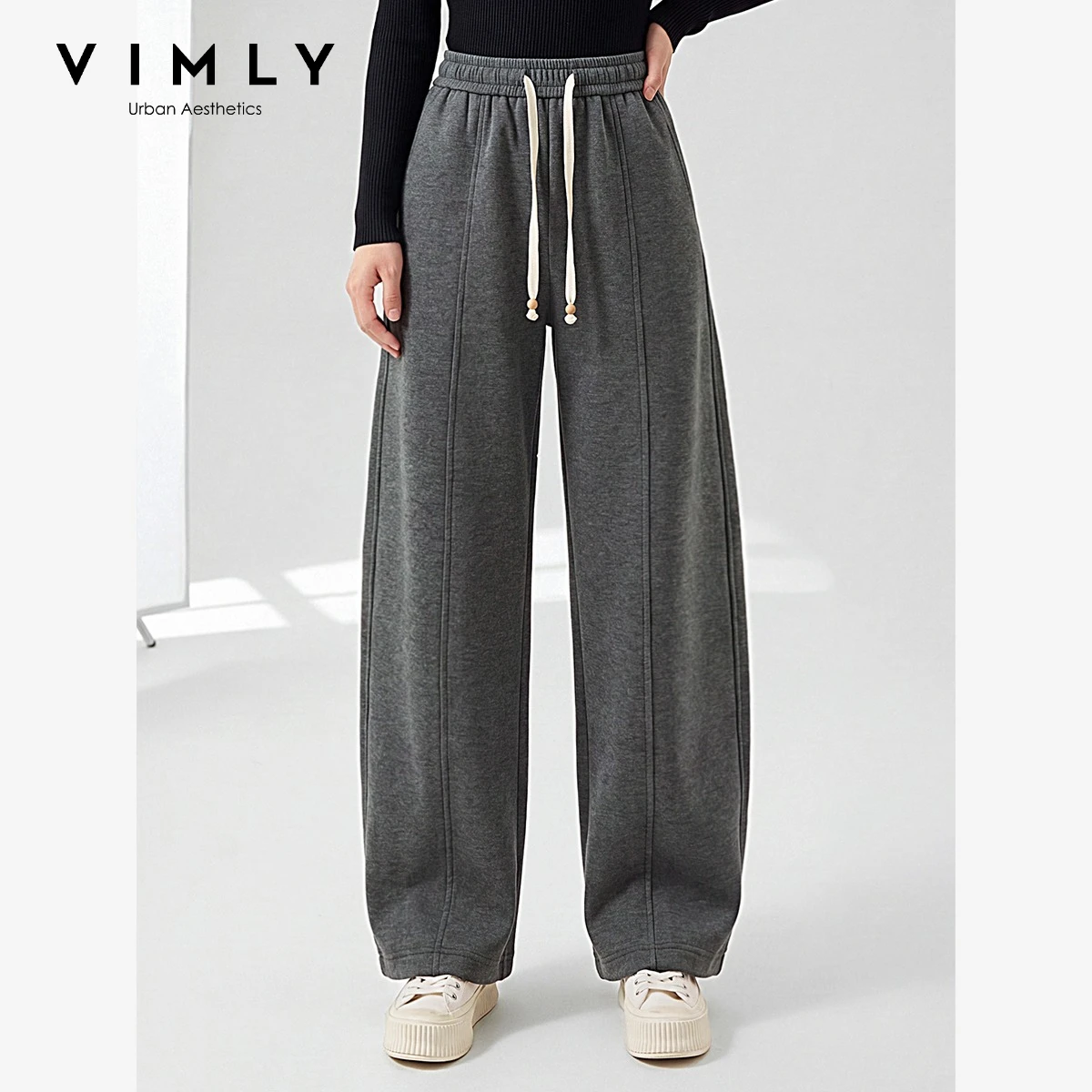 VIMLY Dark Gray Relaxed Fit Drawstring Sweatpants Women 2026 Fall New Lazy Style Straight Leg Casual Ladies Long Pants 31752