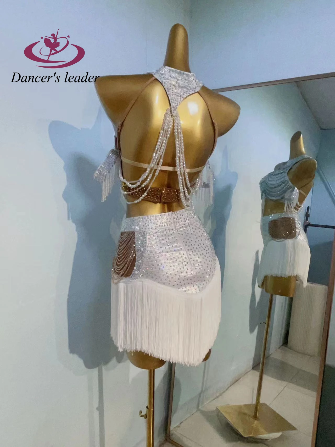 زي الرقص اللاتيني حجر الراين المرأة الراقية مخصص كريستال مطرز الصدرية سبليت أداء السامبا فستان فلاش عالي