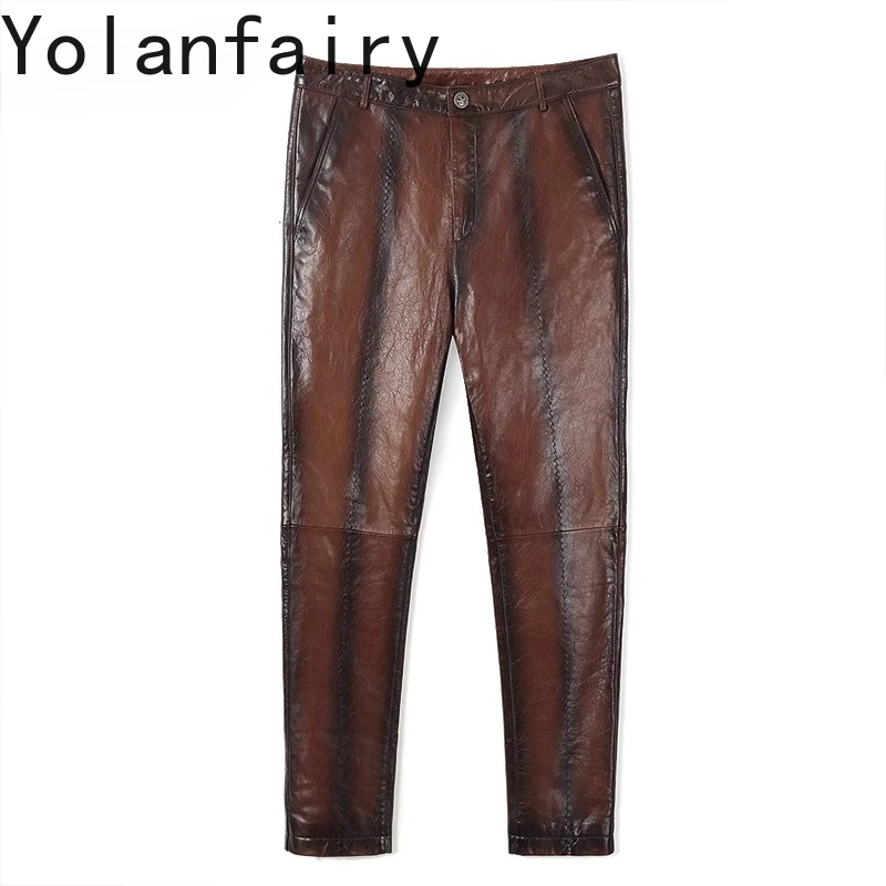YOLANFAIRY Real Sheepskin Leather Pants for Men Slim-fit Fashion Motorcycle Clothing Casual Windproof Man Trousers Brown Pants