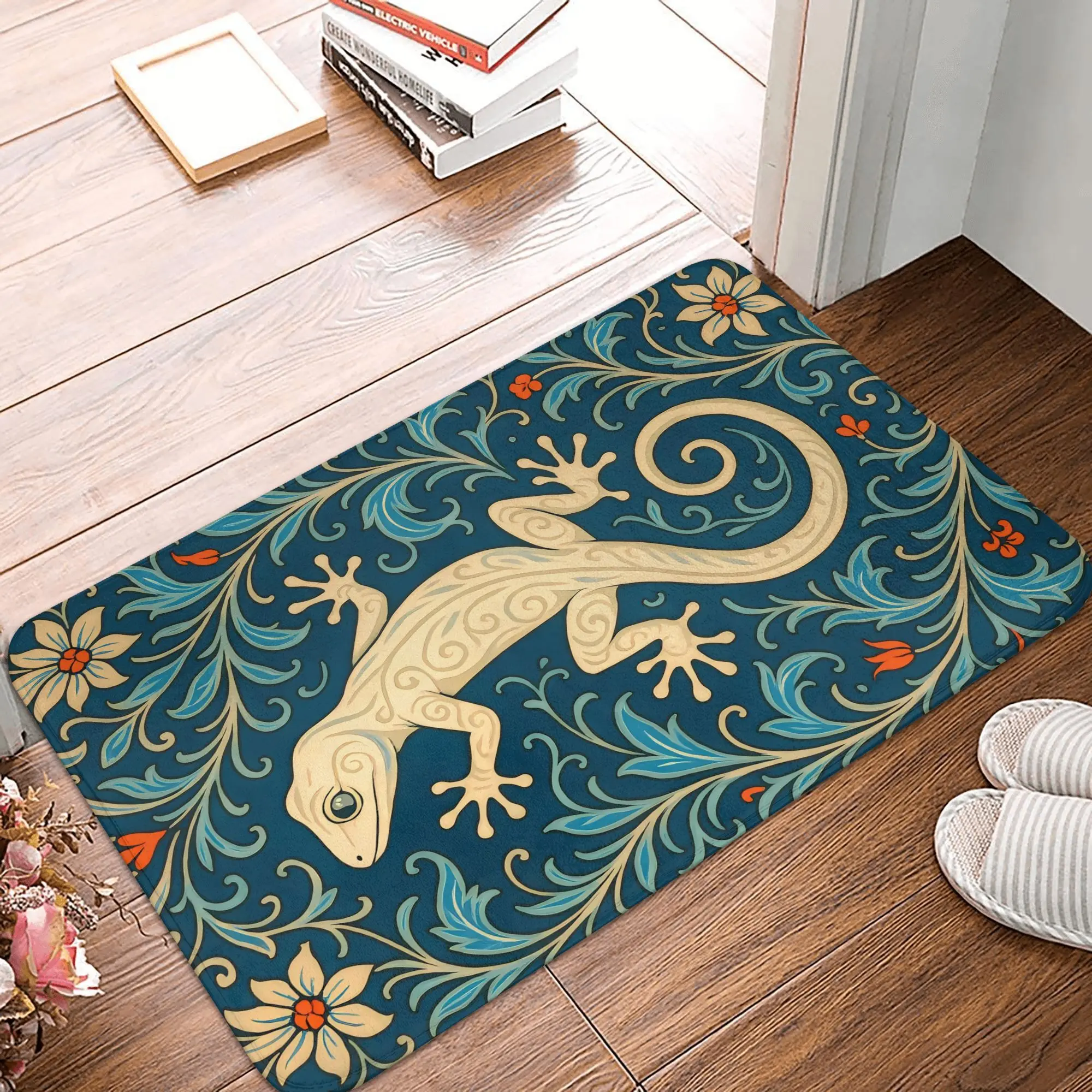 Gecko & Floral Doormat Cream Gecko on Navy Blue, Intricate Vines & Orange/White Flowers, Soft Plush, Non-Slip, Machine Washable