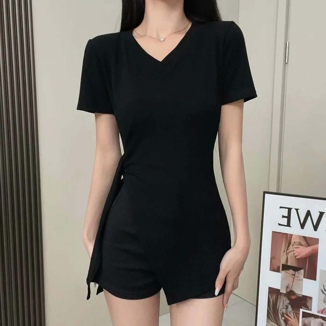 Spring and Summer Plus-size Women's New Pure Color Slimming and Slimming Design Irregular Tie V-neck Short-sleeve T-shirt view 5