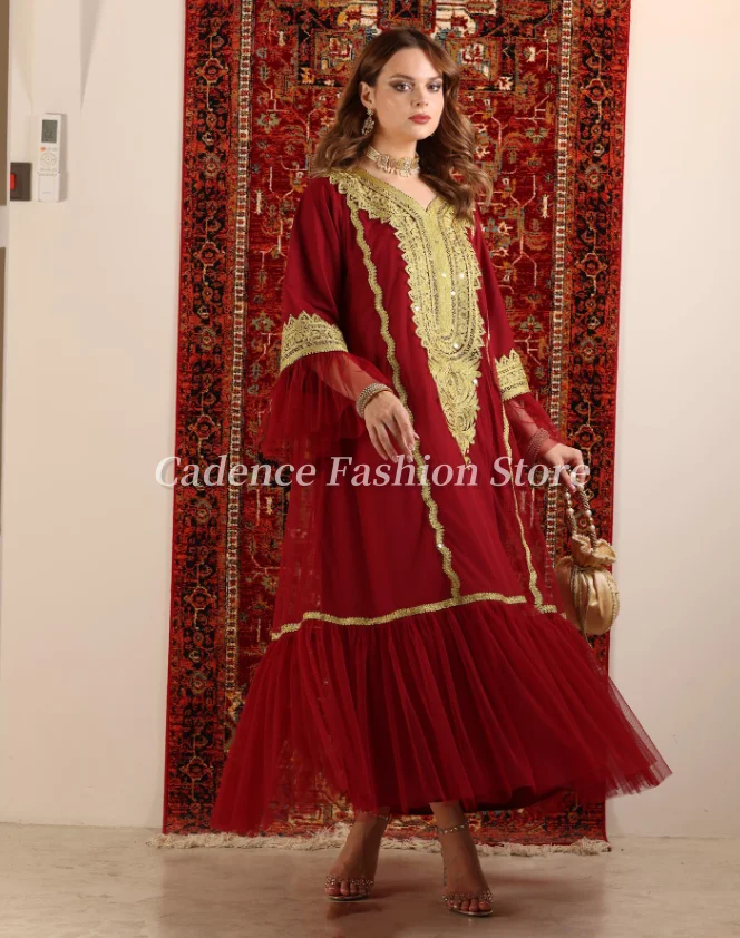 Customized Elegant Red Women's Arab Prom Dresses Flared Sleeve Gold Lace Applique Gowns Dubai Lace Evening Gowns