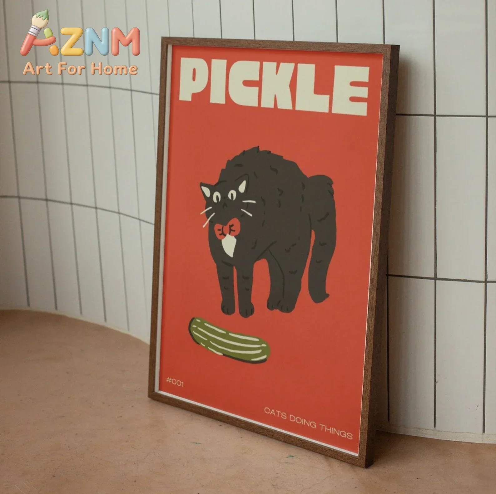 AZNM Pickle Black Cat With Cucumber Canvas Wall Art Retro Cartoon Cat Illustration Frameless Print Poster for Kitchen Pet Room D