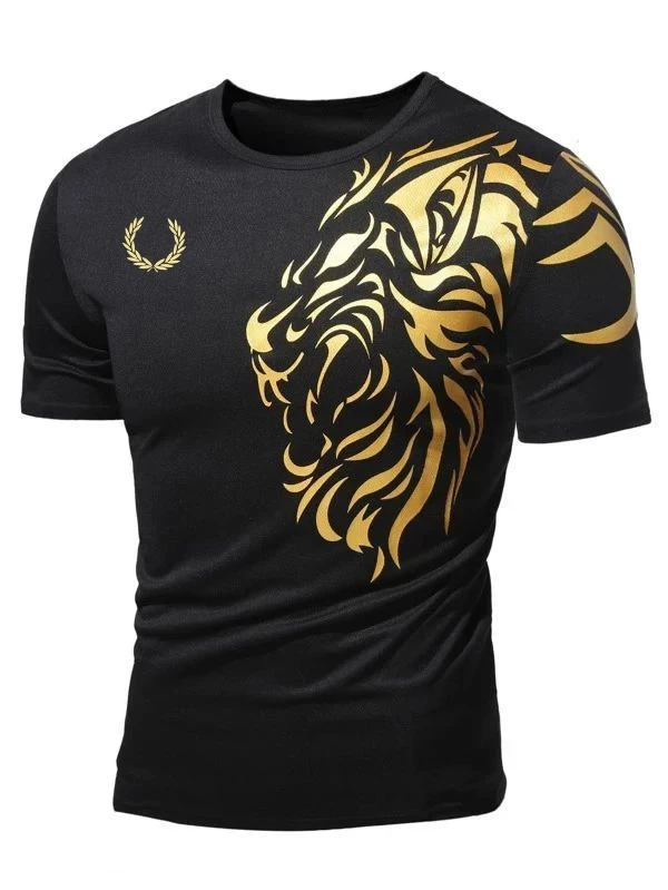 Men's Round Neck Casual T-Shirt Tennis Sports T-Shirt Wheat Print Tiger Head Short Sleeve Shirt Summer Table Tennis T-Shirt Tops