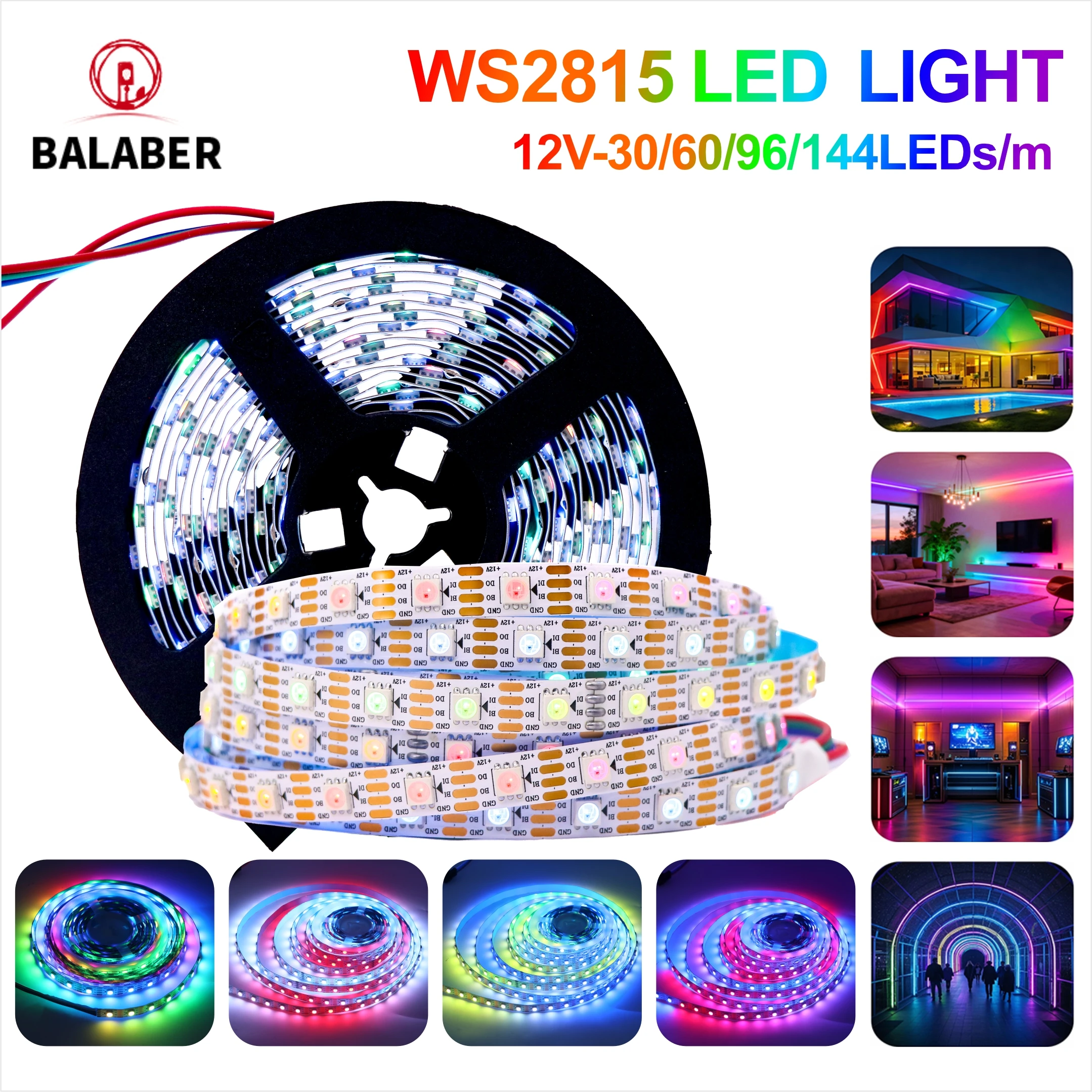 WS2815 RGB LED Strip DC12V 5050 Individually Addressable 30/60/144LEDs/m IP30/65/67 Black/White PCB