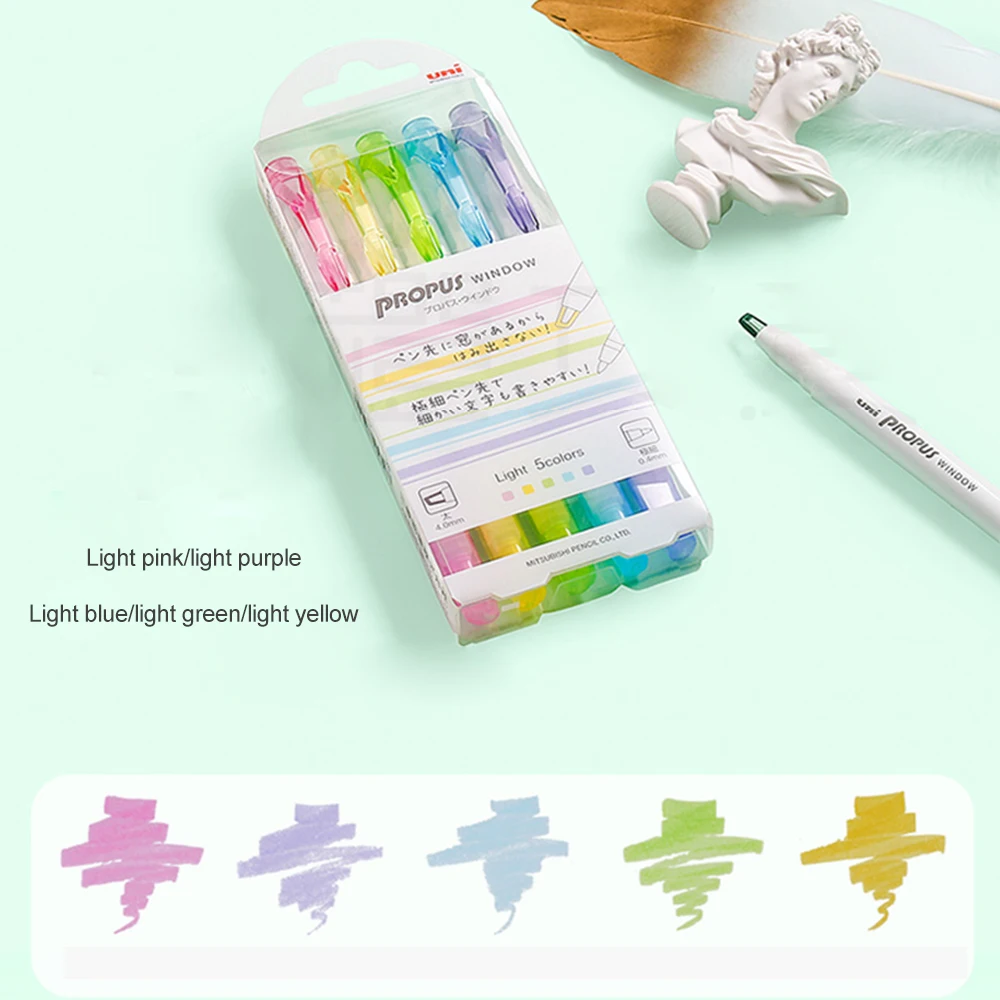 5pcs Japan Uni Highlighter Visualization Window PUS-103T Double Headed Mark Student Light Transparent Graffiti Art Supplies