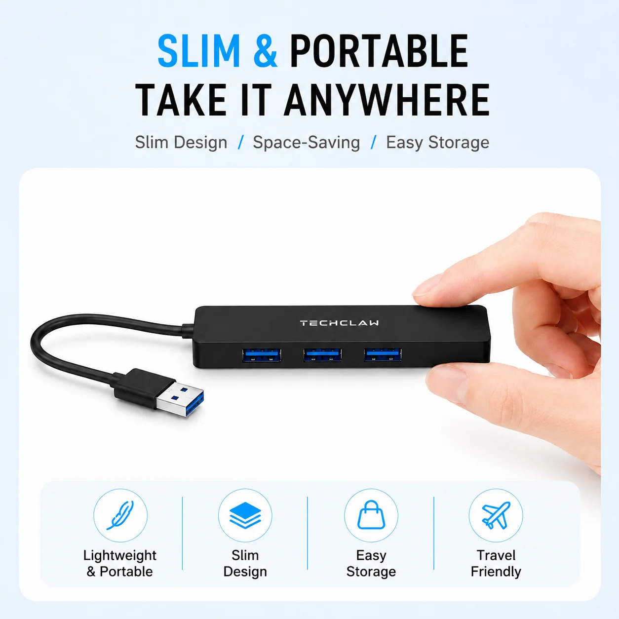 TECHCLAW Hub USB 3.2 z 4 portami USB-A, rozdzielacz USB o szybkości 5 Gbps, przenośny wieloportowy ekspander USB do laptopów i komputerów PC — zdjęcie produktu 4
