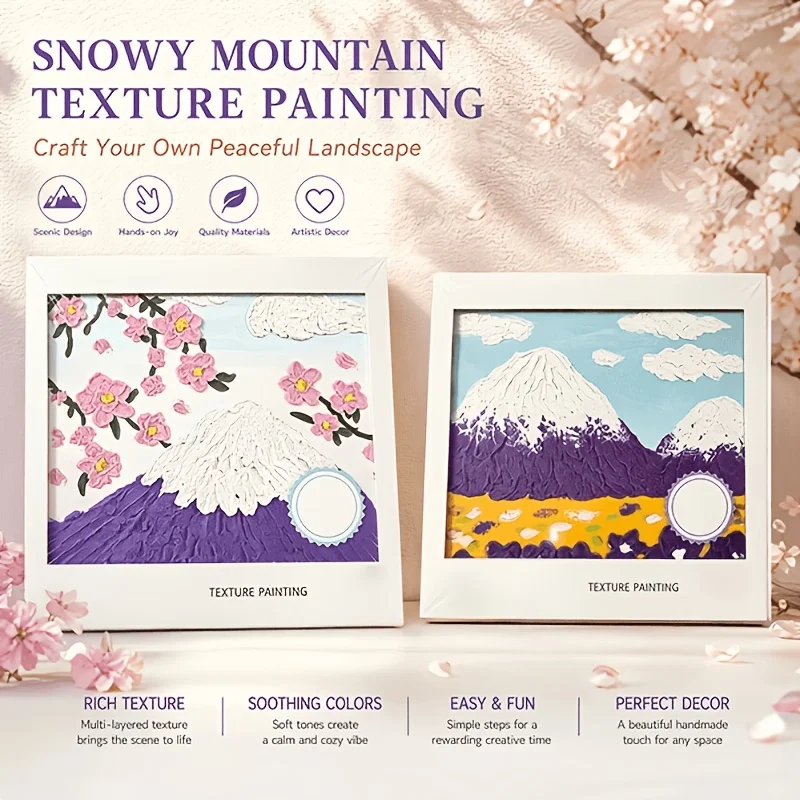 2‑Style Snow Mountain Texture Painting Kit, Kit contents: 6‑color paint cup, art frame, palette knife, brush, quartz sand, wooden easel, mixing palette. Pre‑printed outline lowers creation difficulty. Great for stress‑relief landscape painting