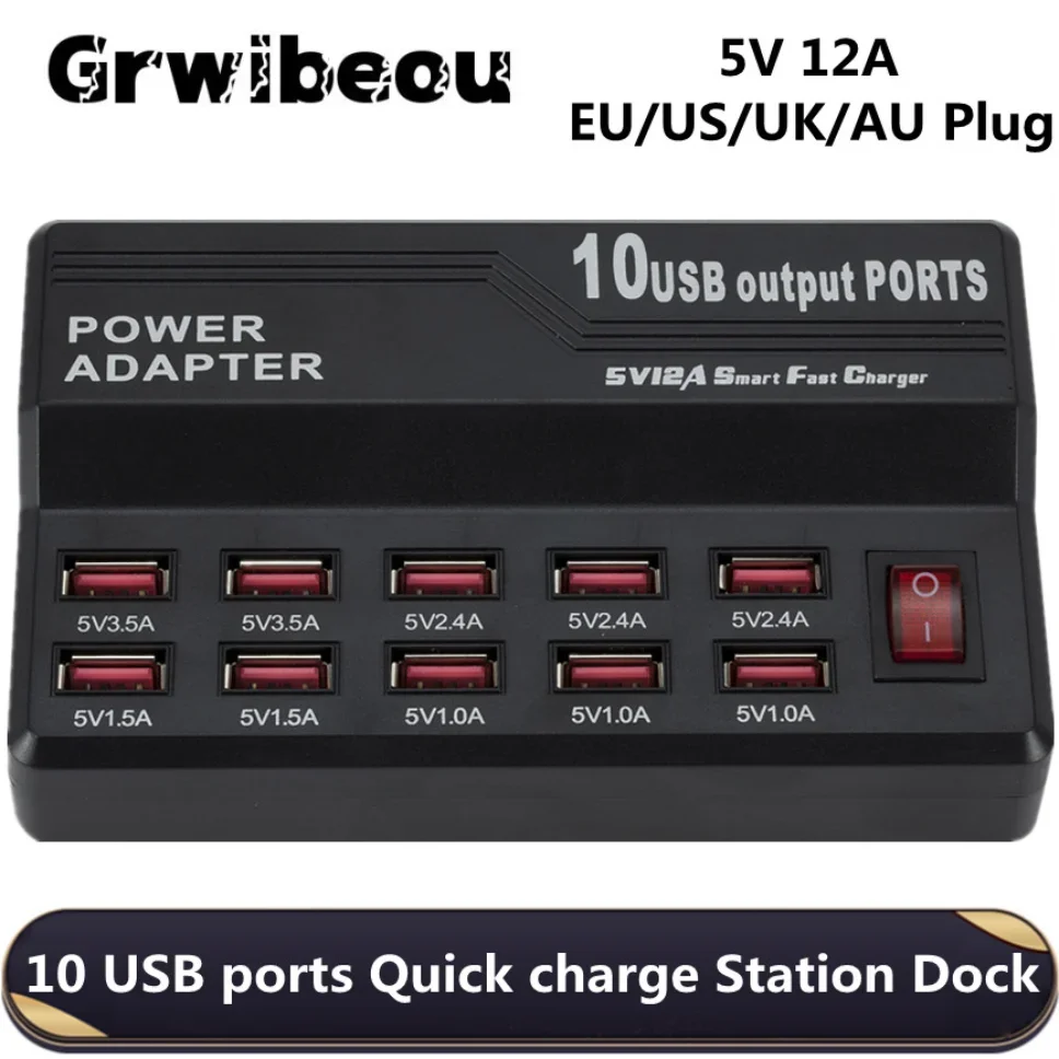 Grwibeou 10 Ports USB Charger Quick Charge Station Dock with switch US AU EU UK plug for iphone ipad Universal Multi USB Charger