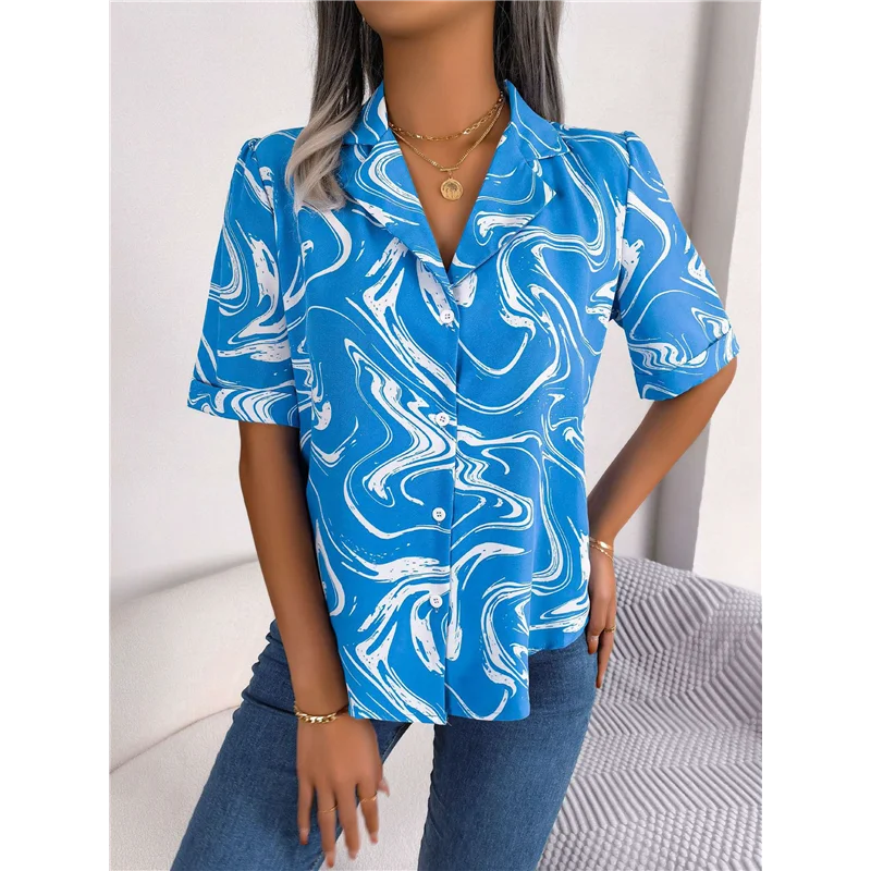 

ABP-Women's Casual Suit Collar Contrast Loose Short-Sleeved Shirt