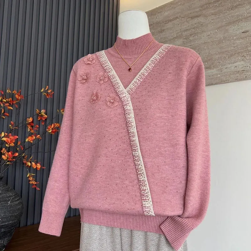 

Ladies' New Half-High-Necked Fake Two-Piece Knitted Shirt Women's Autumn And Winter Models Plus Velvet Padded Warm Top Sweater