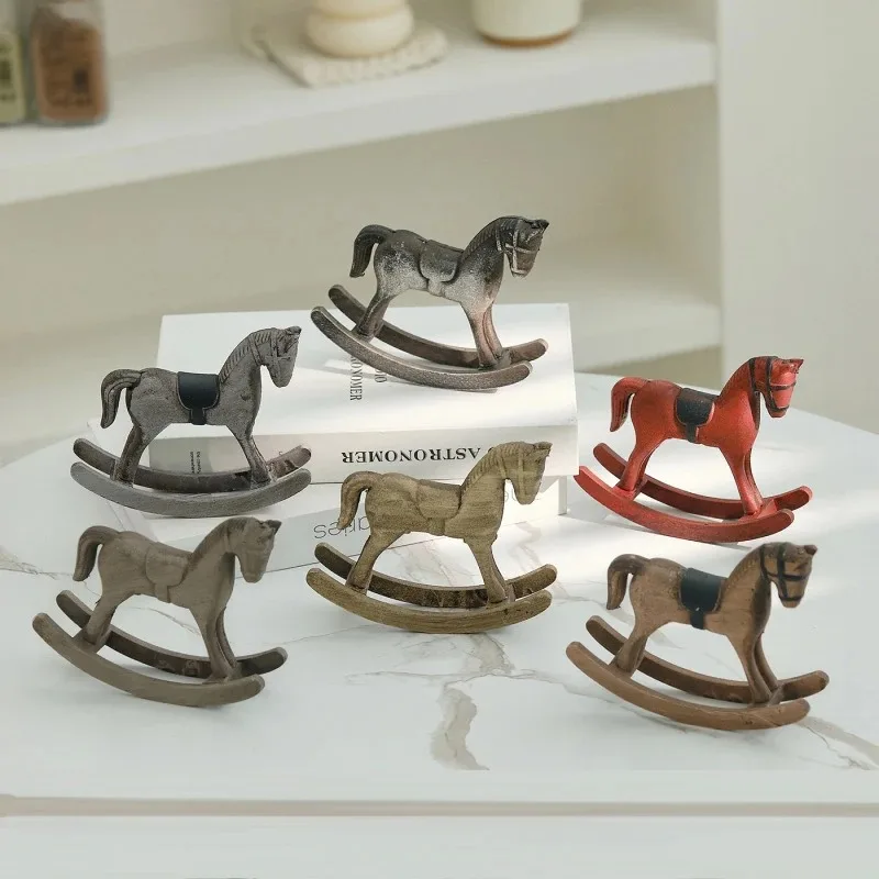 Nordic Retro Wooden Rocking Horse Ornament Desk Decor Balance Art Adornment Creative Hand Carved Home Decoration Crafts
