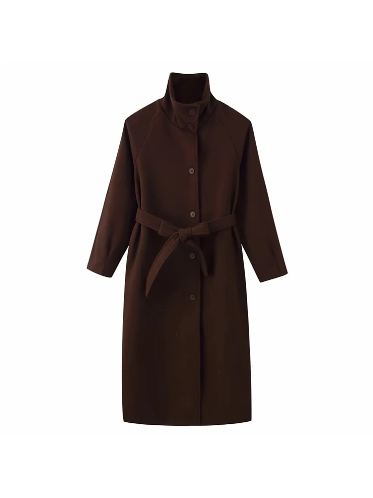 المرأة الرجعية الصلبة الوقوف طوق معطف طويل تويد المرأة أزياء واحدة الصدر معاطف مع حزام سيدة شيك الشارع أبلى #3