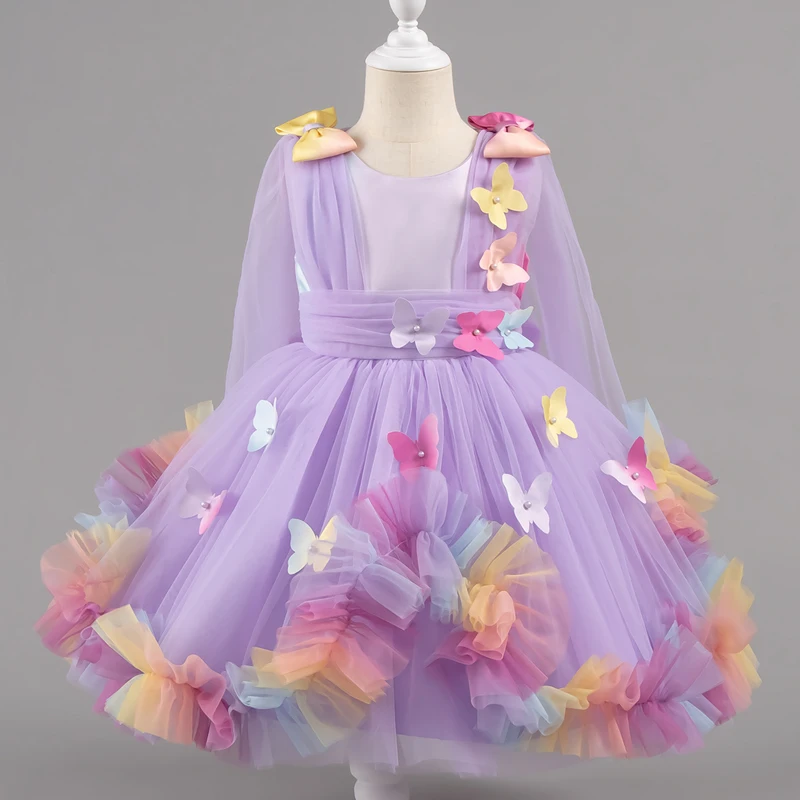 Vestido de bebê 0-5 anos, festa de aniversário, vestidos de casamento para crianças pequenas, sem mangas, malha borboleta, fofo, menina, vestido de princesa