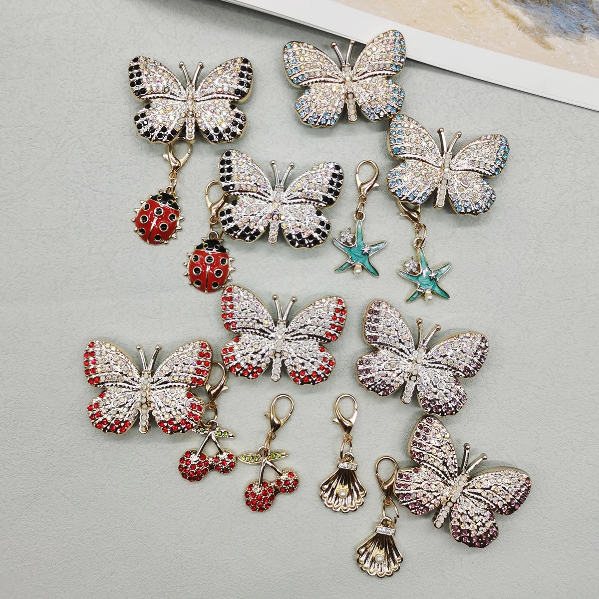 4PCS Rhinestone Butterfly Shoelaces Charms DIY Cherry Ladybug Shoe Pendants Decorations Shell Starfish Shoe Clips Accessories