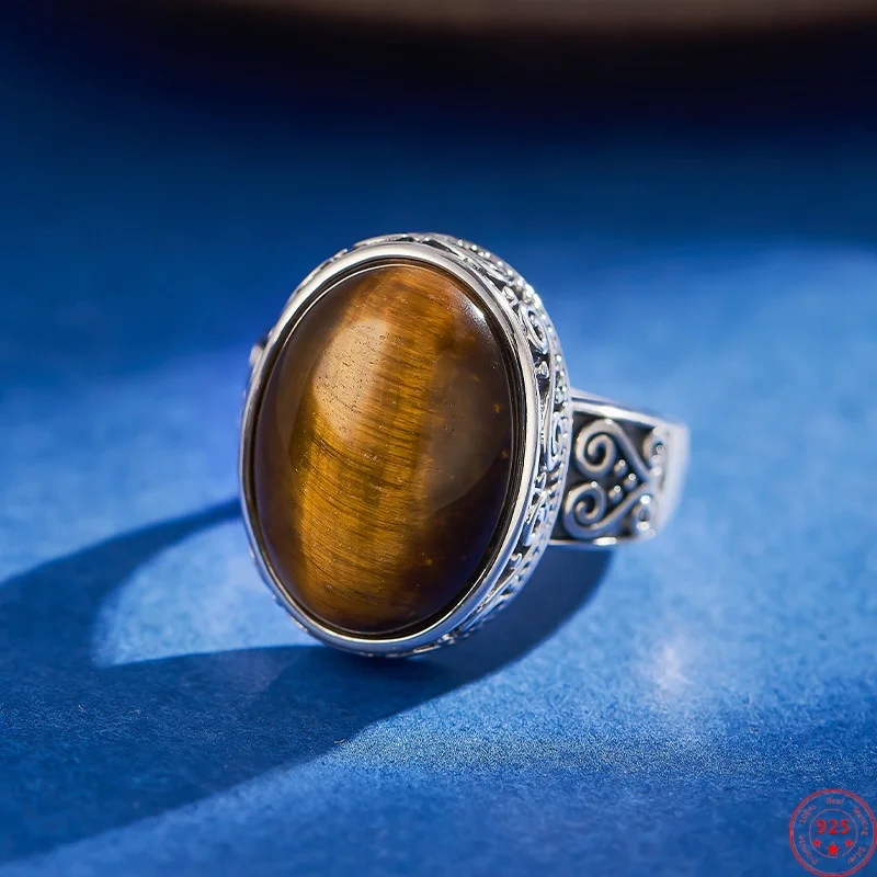 

S925 Sterling Silver Rings for Women Men Irregular Retro Eternal Rattan Pattern Inlay Tiger's Eye Fashion Jewelry Wholesale