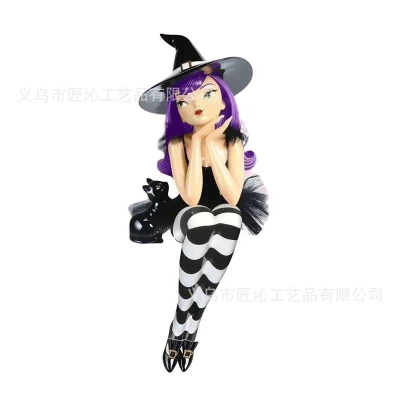 Halloween Witch Figurine Sitting Doll Bookshelf Shelf Decor Purple Hair Statue Home Room Party Decoration Ornament Gift