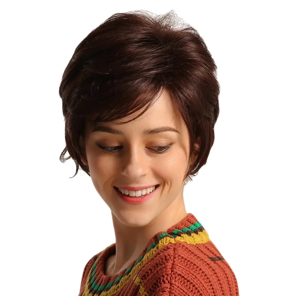 

12 Inch Short Brown Human Hair Wigs for Girls Women Cosplay Wear