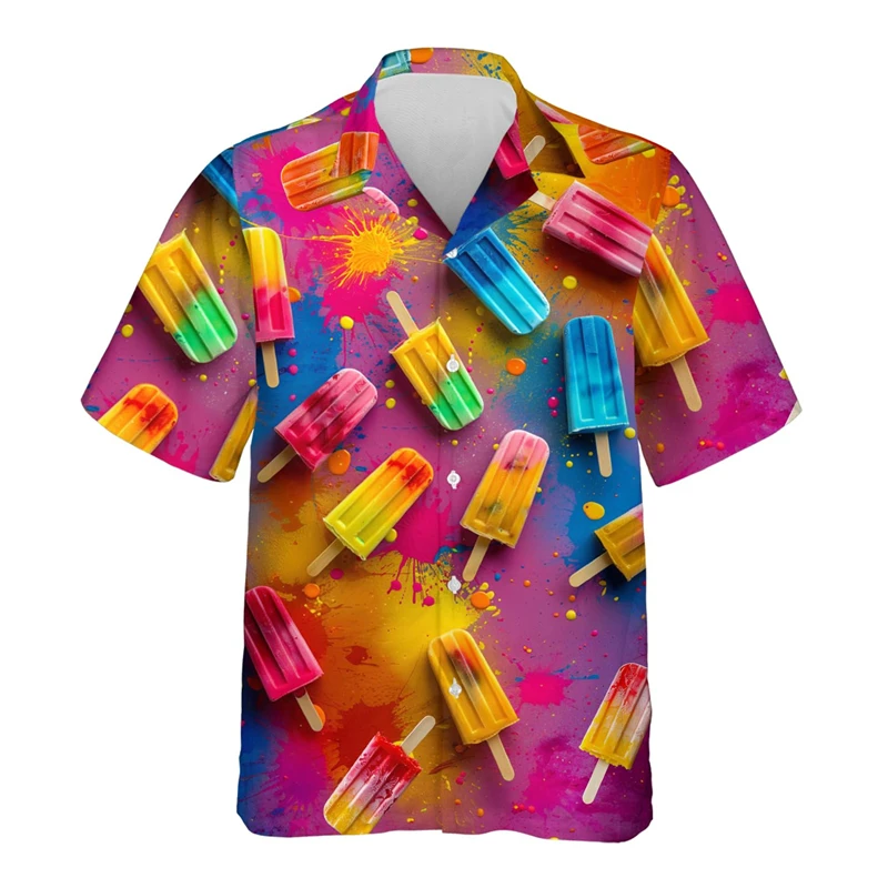 Ice Pop 3D Print Shirts For Men Clothes Cold Popsicle Lapel Blouse Hawaiian Unisex Vacation Short Sleeve  Iced Treats Shirt Tops