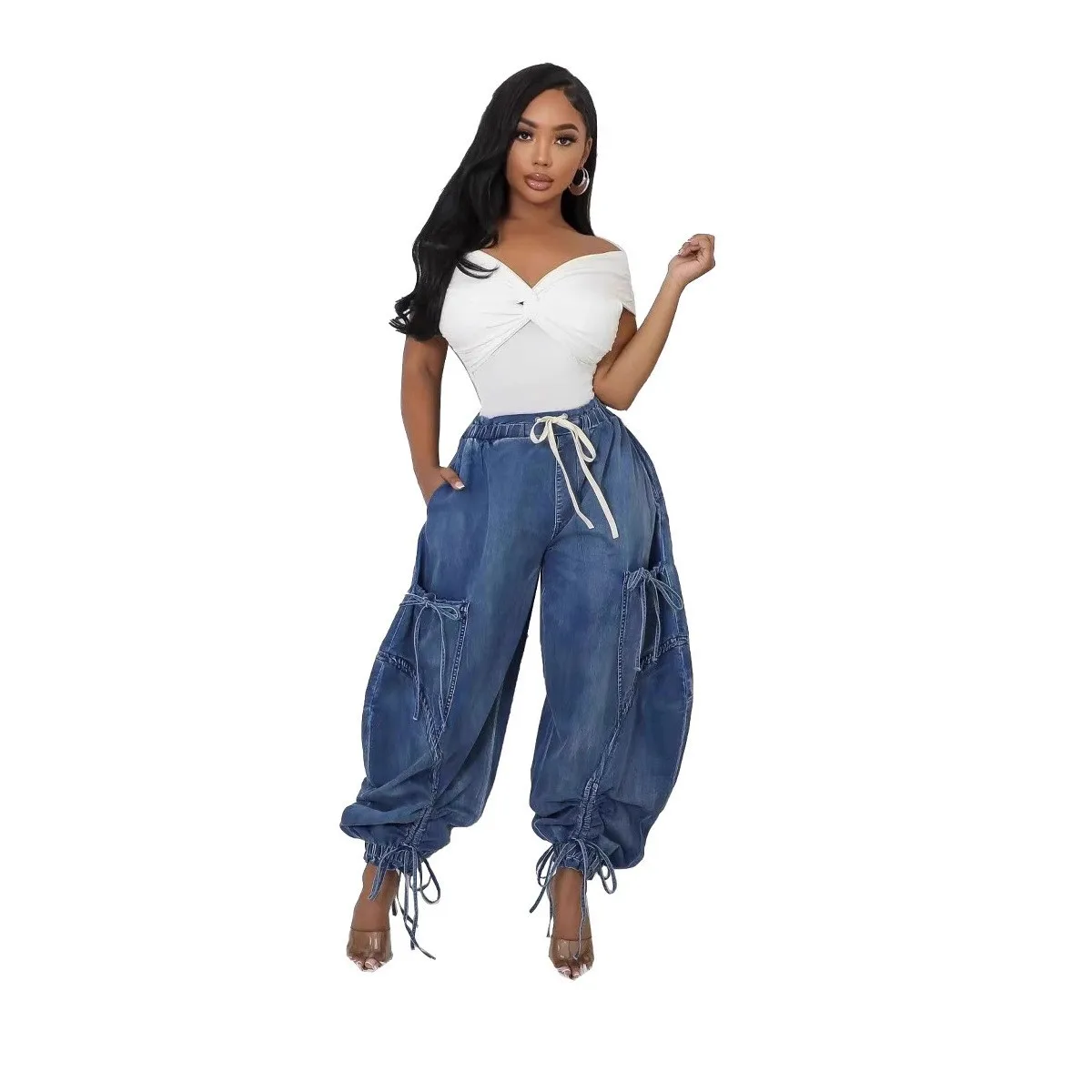 Bow Loose Fit Jeans Mid Waist Edgy Street with Full Length Harem Gathered Regular Thickness No Stretch Women Pants Autumn
