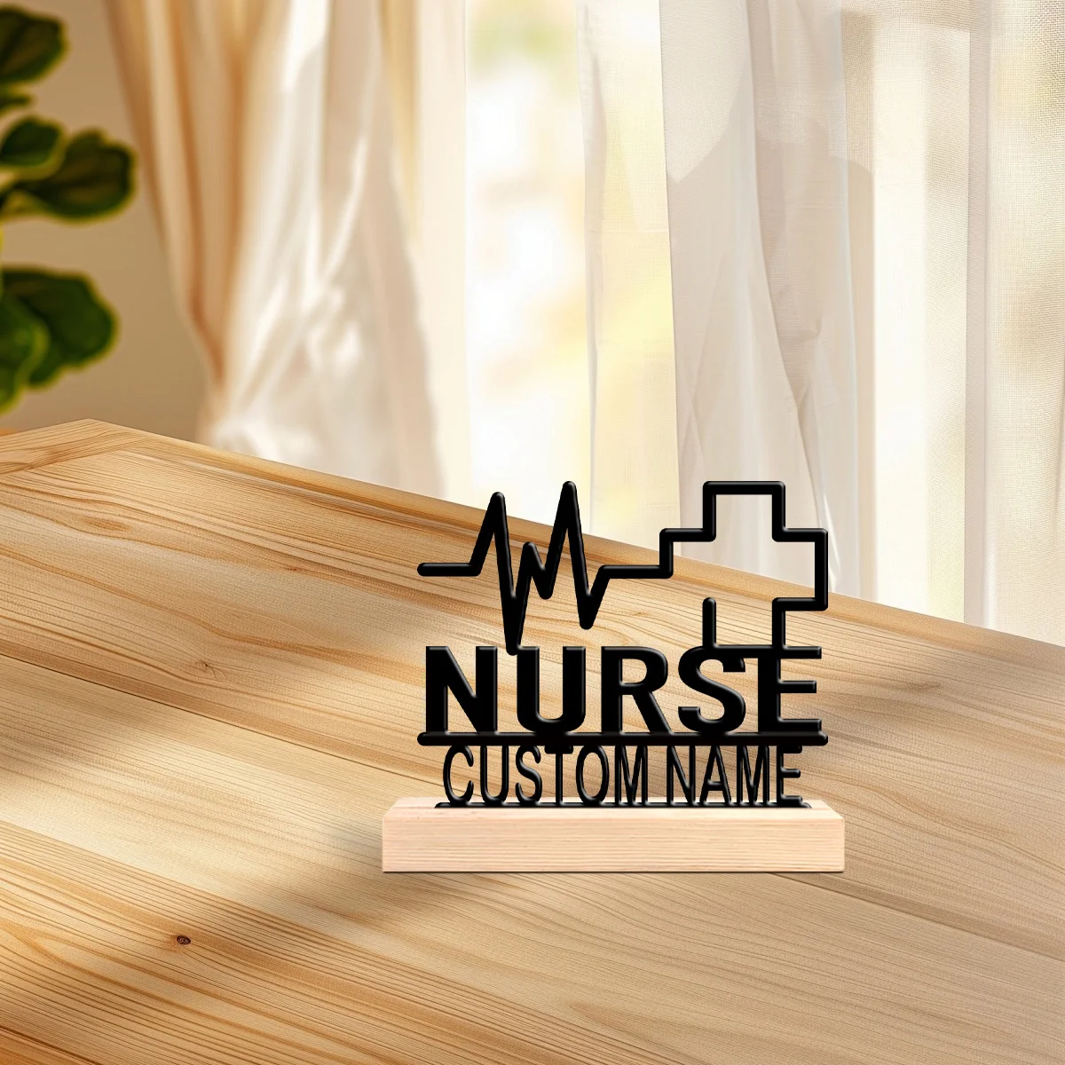 1pc Customizable Wrought Iron Desktop Decoration Custom Name Equipped with Wooden Base Bar Decoration, Holiday Gifts