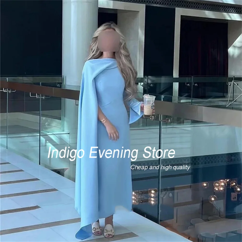 Indigo Ballkleider 2024 Meerjungfrau Langarm O-Ausschnitt Perlen Satin Schal gespaltene knöchel lange Abendkleider für Frauen فساتين الس