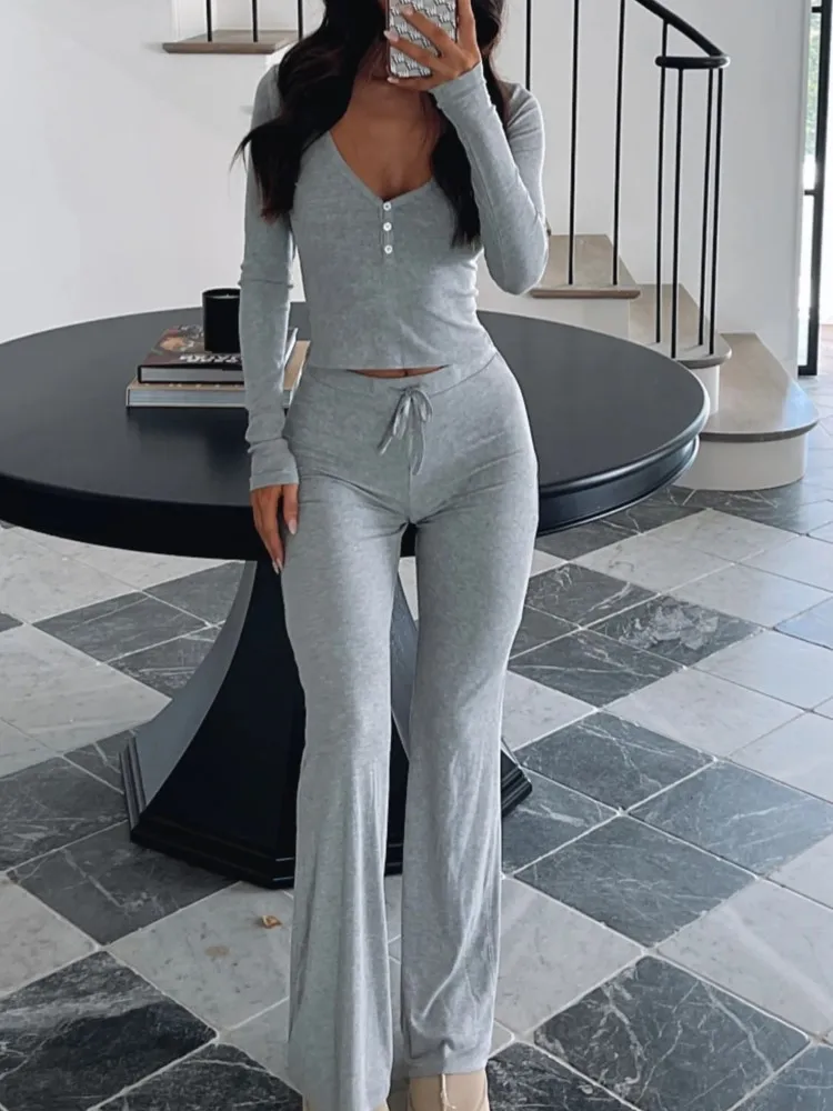 Autumn Solid Women Two Piece Sets Sporting Casual V Neck Drawstring Waist Pant Tops And Trousers Suits Simple New Arrivals