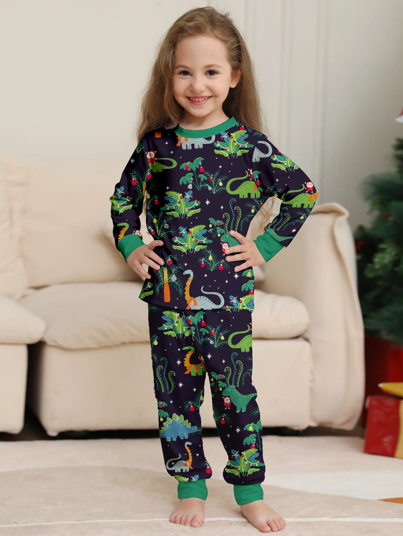 Christmas Pajamas Set Cute Soft Dinosaur Allover Print Parent-child Matching Outfits 2 Pieces Suit Baby Romper Xmas Family Look