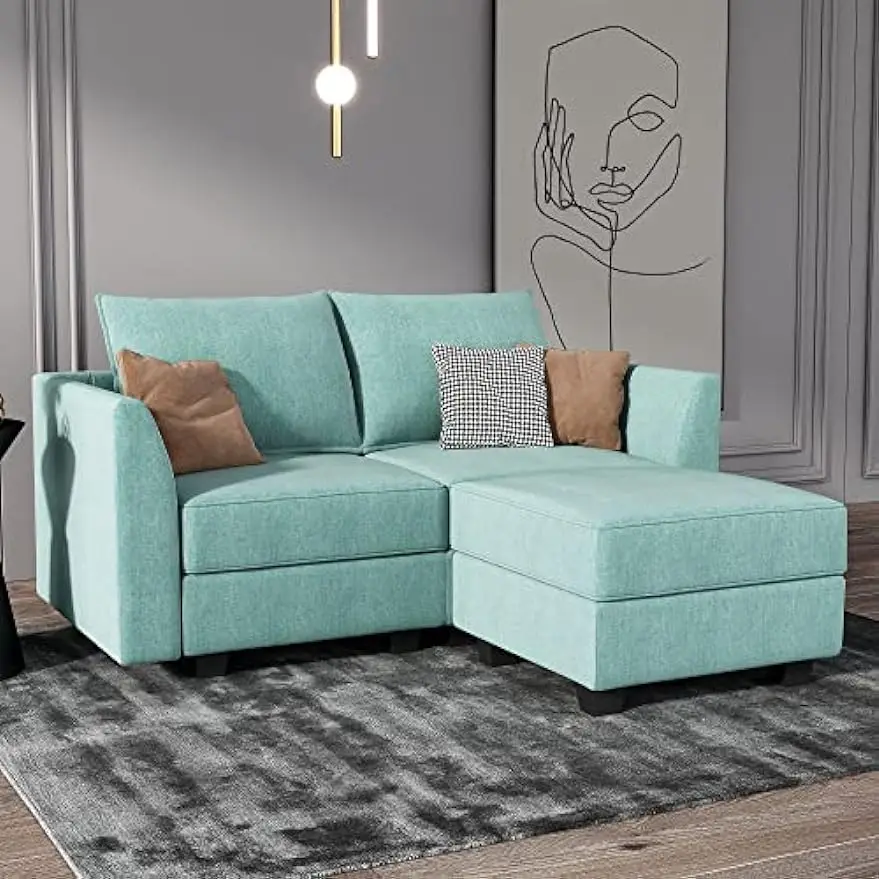 Modular Sectional Sofa 2 Seater Couch with Chaise L Shaped Modular Sofa for Small Apartment, Aqua Blue