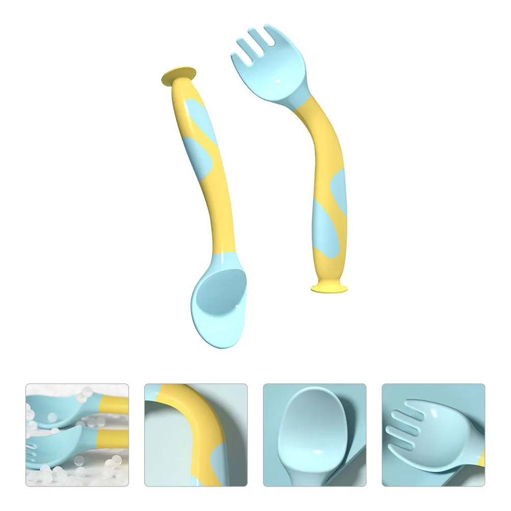 

1Set Baby Dining Utensils Fork and Spoon Set Environmental PP Material 360 Degree Flexible Anti-Slip Handle Suction Bottom
