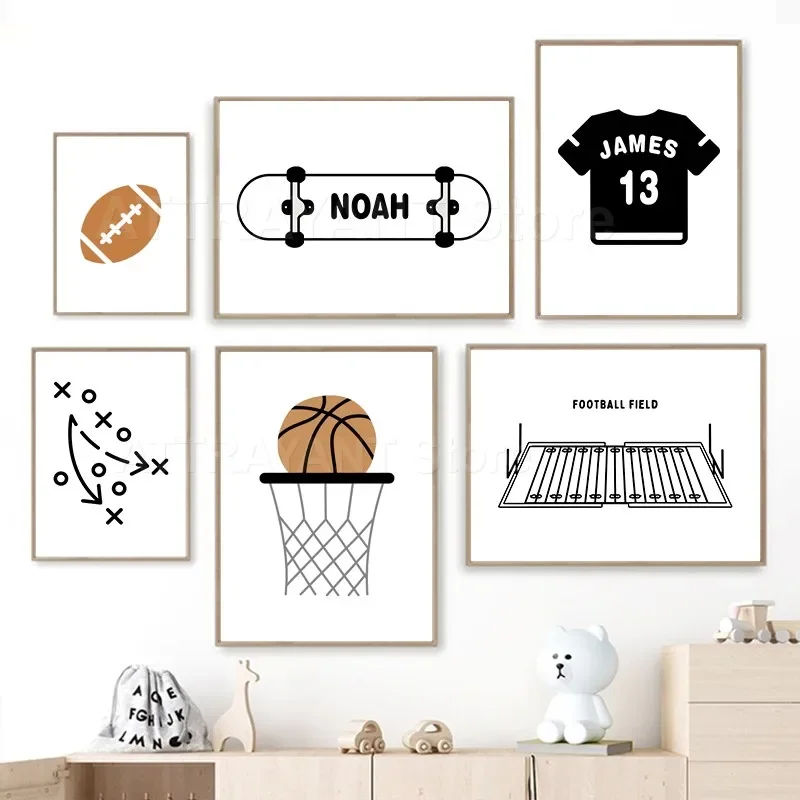 

Basketball Rugby Football Field Skateboard Jersey Custom Name Poster Sport Wall Art Canvas Painting Pictures Kids Boy Room Decor