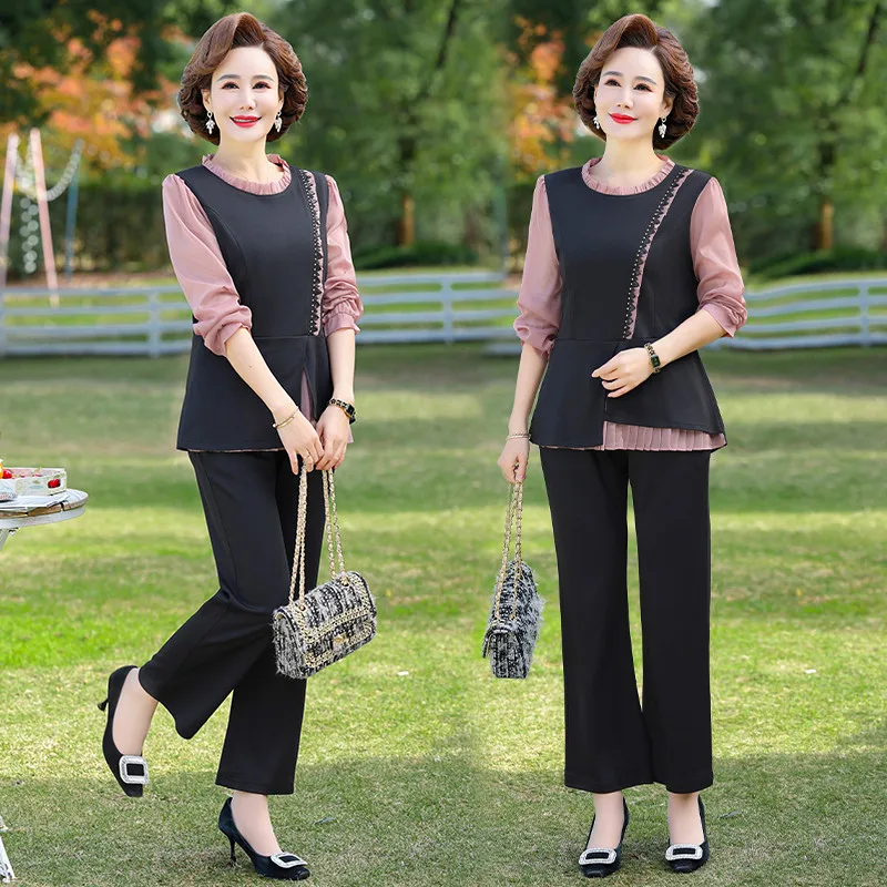 

Women Outfits Spring Korean spliced Long Sleeve Ruffles Blouse Top And Wide Leg Pants Suit Conjunto Femenino Elegant 2 Piece Se