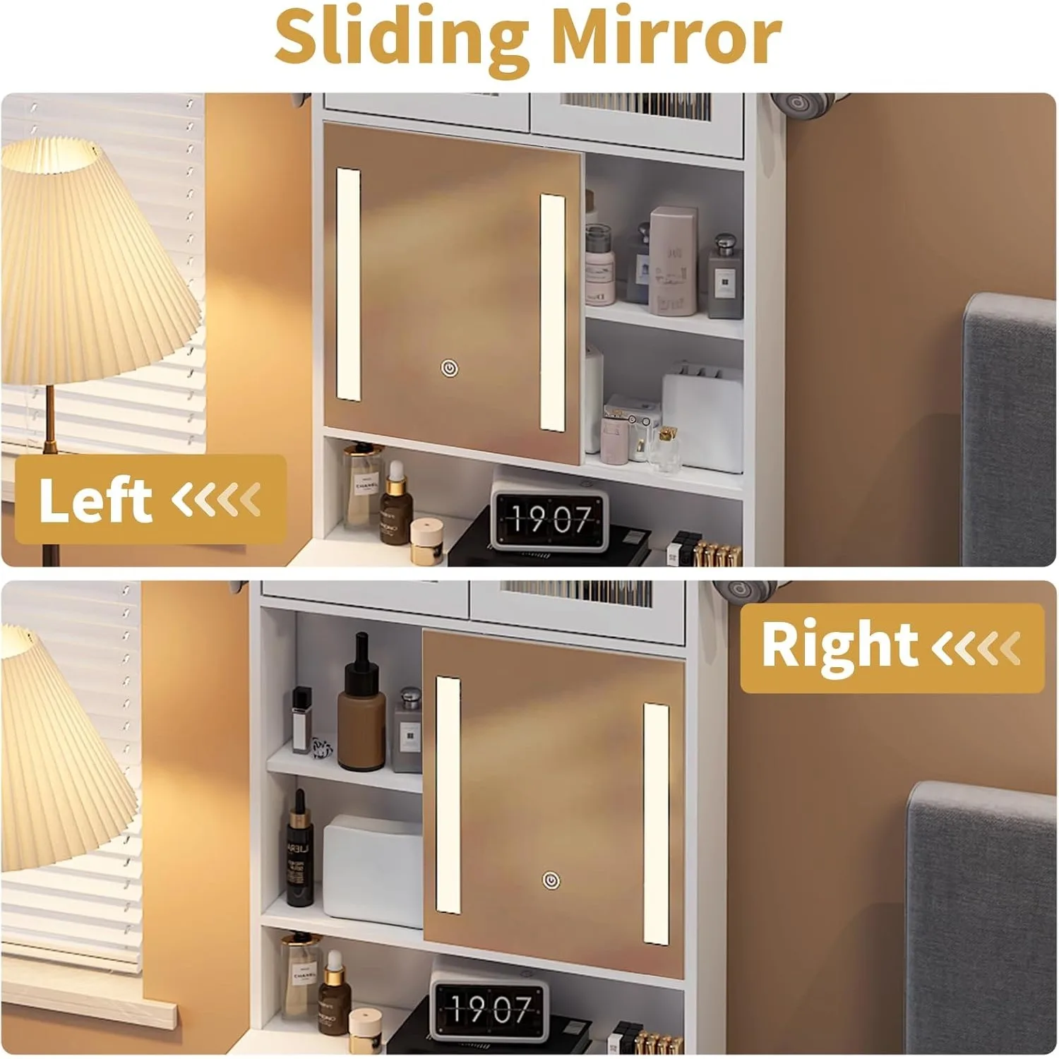 Small Vanity Desk Set with Lighted Mirror Cabinet, Makeup Vanity Table with Storage Chair for Small Space, Dressing Table