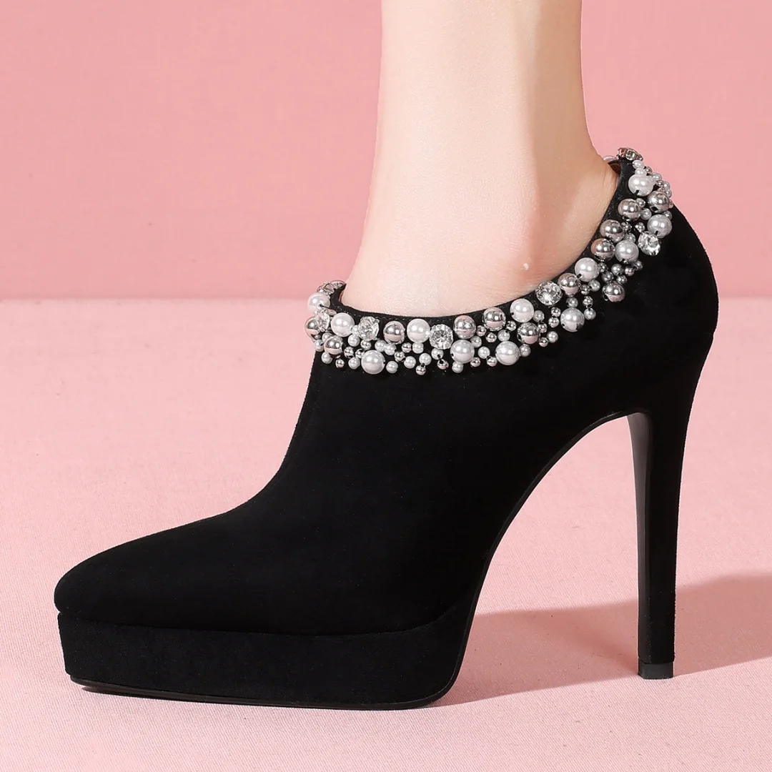 

danxuefei women's natural suede leather pointe toe side zip beading decoration slip-on pumps 12cm ultra high heel evening shoes