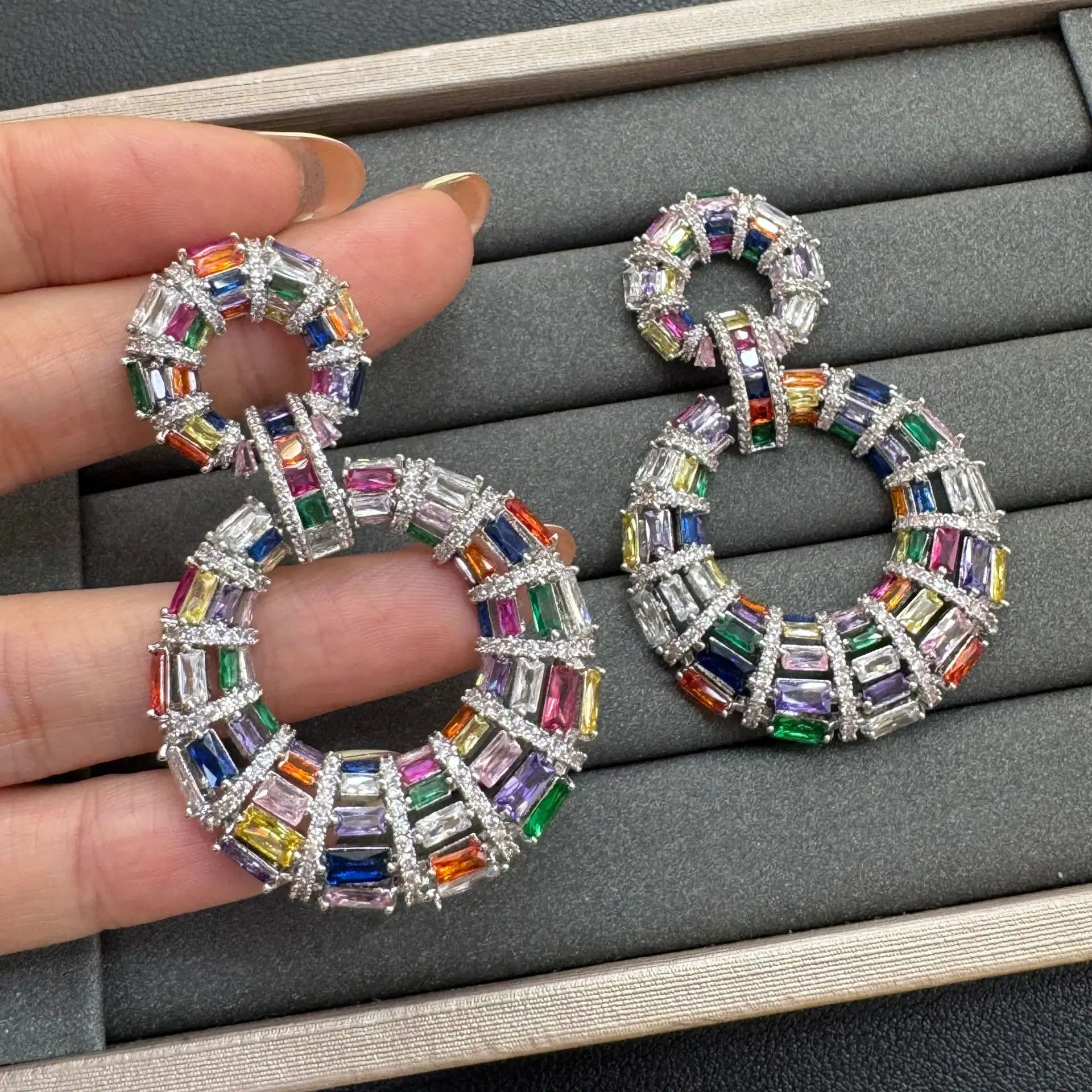 

zirconia round earrings for women luxury jewelry silver gold color cut out circle dangling earrings dinner party jewelry